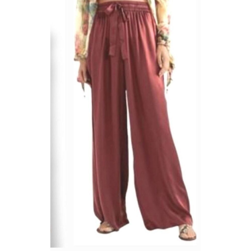Sundance Dark Mauve Hammered Satin Tie Belted Wide Leg  Paper Bag Pants sz 12 EU
